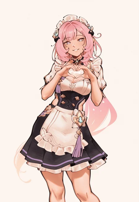 <lora:cyber_cyanceebee-Illustrious:0.8> cyber \(cyanceebee\),
1girl, solo, looking at viewer, closed mouth, parted lips, smile, heart hands, maid costume, maid headdress, elysia \(honkai impact\), contrapposto, feet out of frame,
white background, simple background,
masterpiece, very awa, best shadows, highres, aesthethic, <lora:trina-nikke-richy-v1_ixl:0.8>