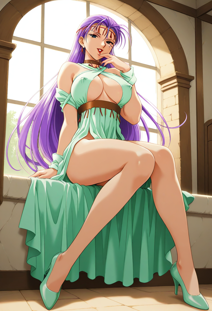 j3nnif3r,1girl,circlet,red lips,mole under eye,choker,criss-cross halter,arm garter,wrist cuffs,covered nipples,waistband,jewelry,pelvic curtain,heels,slim legs
BREAK
looking at viewer,full body,seductive,skirt lift,
BREAK
evil smile,hand to mouth,sitting
BREAK
basement,indoors,day,
BREAK
masterpiece,best quality,absurdres, <lora:jennifer ill v5-000018:1>,1990s \(style\),