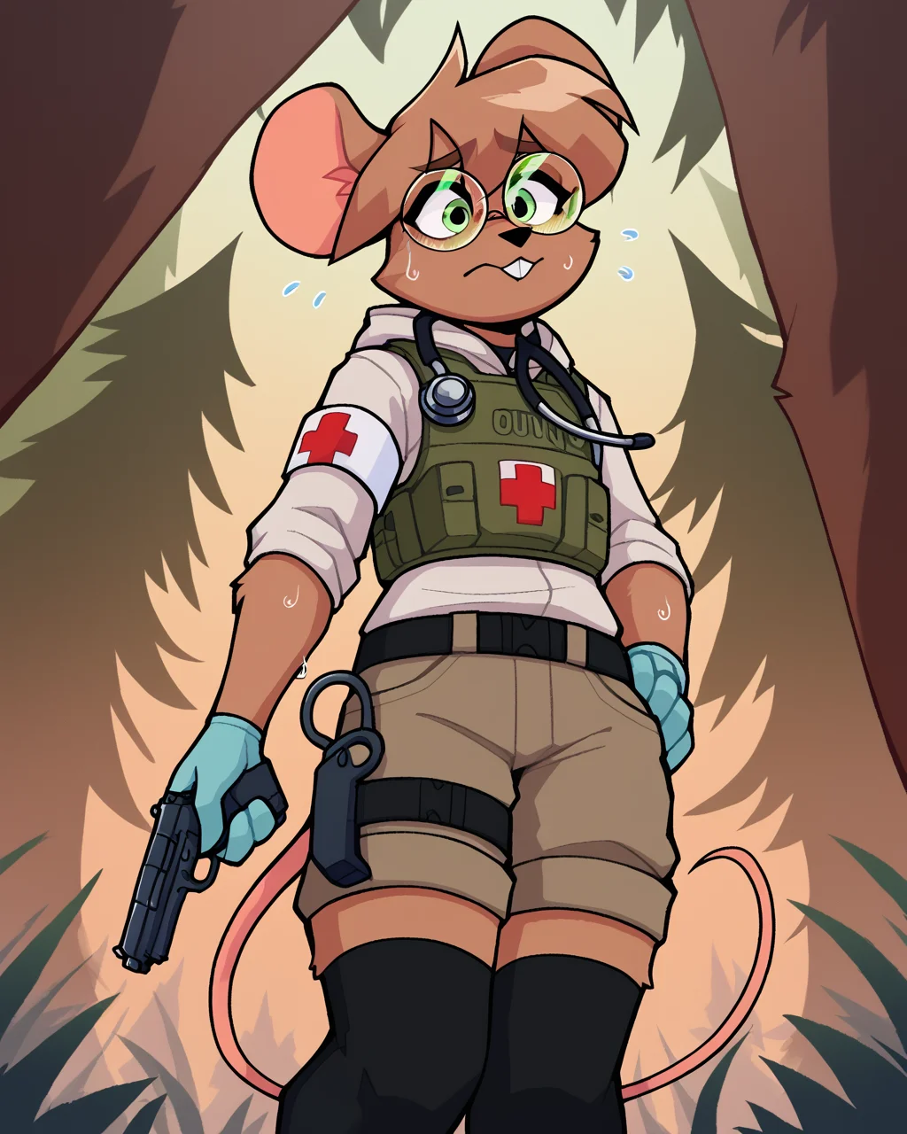 score_9_up, score_8_up, score_7_up, score_6_up, by remanedur, furry female, mouse, green eyes, body armor, round glasses, stethoscope, brown hair, armband, tail, brown fur, black thigh highs, combat boots,  buckteeth, gloves, medic, cargo shorts, hoodie, uniform, short hair, nervous, head tilt, sweat, solo, holding gun, handgun, low-angle view,   three-quarter view, forest, <lora:Leah_Pines(AIM)_XL_v1:0.15> <lora:PDXL_artist_tags_v2_big:0.5> <lora:The-Minuscule-Task_PDXL_v1.0:0.6>   <lora:Diana_Engel_v2_WirelessShiba:0.65>