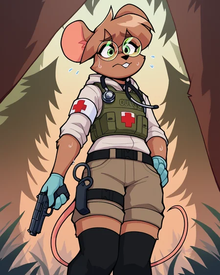 score_9_up, score_8_up, score_7_up, score_6_up, by remanedur, furry female, mouse, green eyes, body armor, round glasses, stethoscope, brown hair, armband, tail, brown fur, black thigh highs, combat boots, buckteeth, gloves, medic, cargo shorts, hoodie, uniform, short hair, nervous, head tilt, sweat, solo, holding gun, handgun, low-angle view, three-quarter view, forest, <lora:Leah_Pines(AIM)_XL_v1:0.15> <lora:PDXL_artist_tags_v2_big:0.5> <lora:The-Minuscule-Task_PDXL_v1.0:0.6> <lora:Diana_Engel_v2_WirelessShiba:0.65>