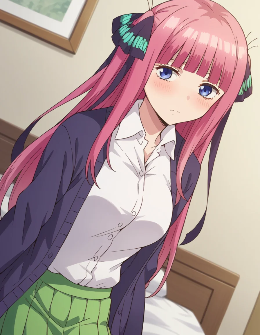 score_9, score_8_up, score_7_up, source_anime,
ninonakano, <lora:nino-nakano-s1-ponyxl-lora-nochekaiser:1>,
nino nakano, long hair, bangs, blue eyes, hair ornament, hair ribbon, pink hair, blunt bangs, two side up, butterfly hair ornament, mature female,
skirt, shirt, long sleeves, white shirt, pleated skirt, open clothes, collared shirt, sleeves past wrists, dress shirt, cardigan, green skirt, open cardigan, black cardigan,
indoors, bed, bed room, on side, blush, drunk,
looking at viewer, cowboy shot, dutch angle, solo,