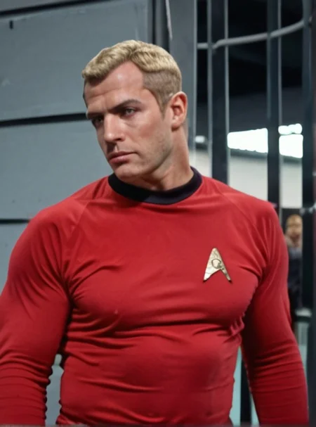 1boy, 20 year old male, Handsome, masculine, blonde, star trek, red shirt, muscle, tall, tight shirt, wide pectorals, big shoulders, wide shoulders, muscular neck, German, stunf, star trek uniform,