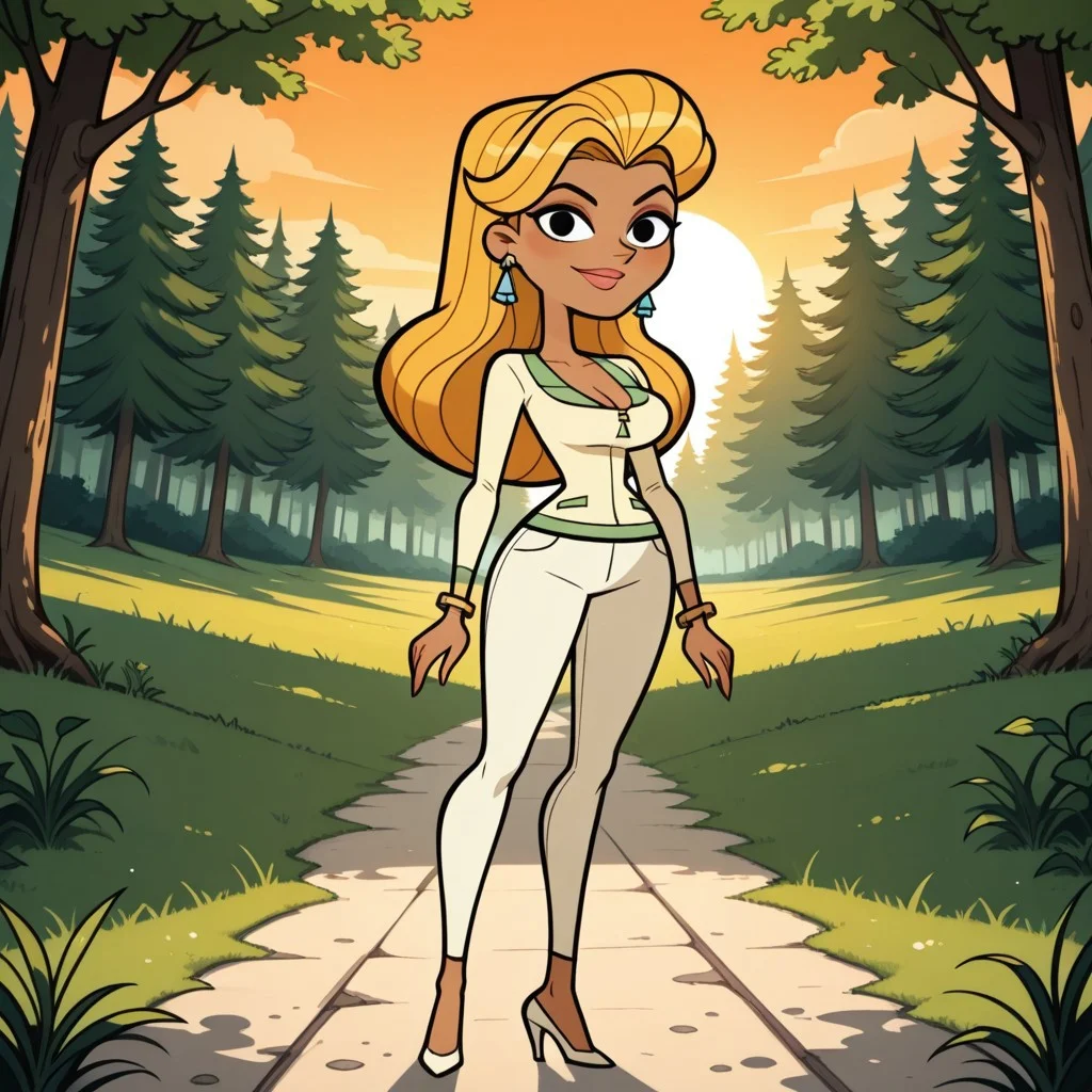 score_9, score_8, BREAK, solo, long blonde hair, black eyes, adult female, mature female, lips, earrings, dark skin, dark skin female, cleavage, white long sleeves, white pants, white heels, bracelets, breasts, total drama, KellyTD, sexy pose, self portrait, smile, looking at viewer, outdoors, sunlight, shadows, evening lighting, natural lighting, forest, trees, grass, orange sky, sunset