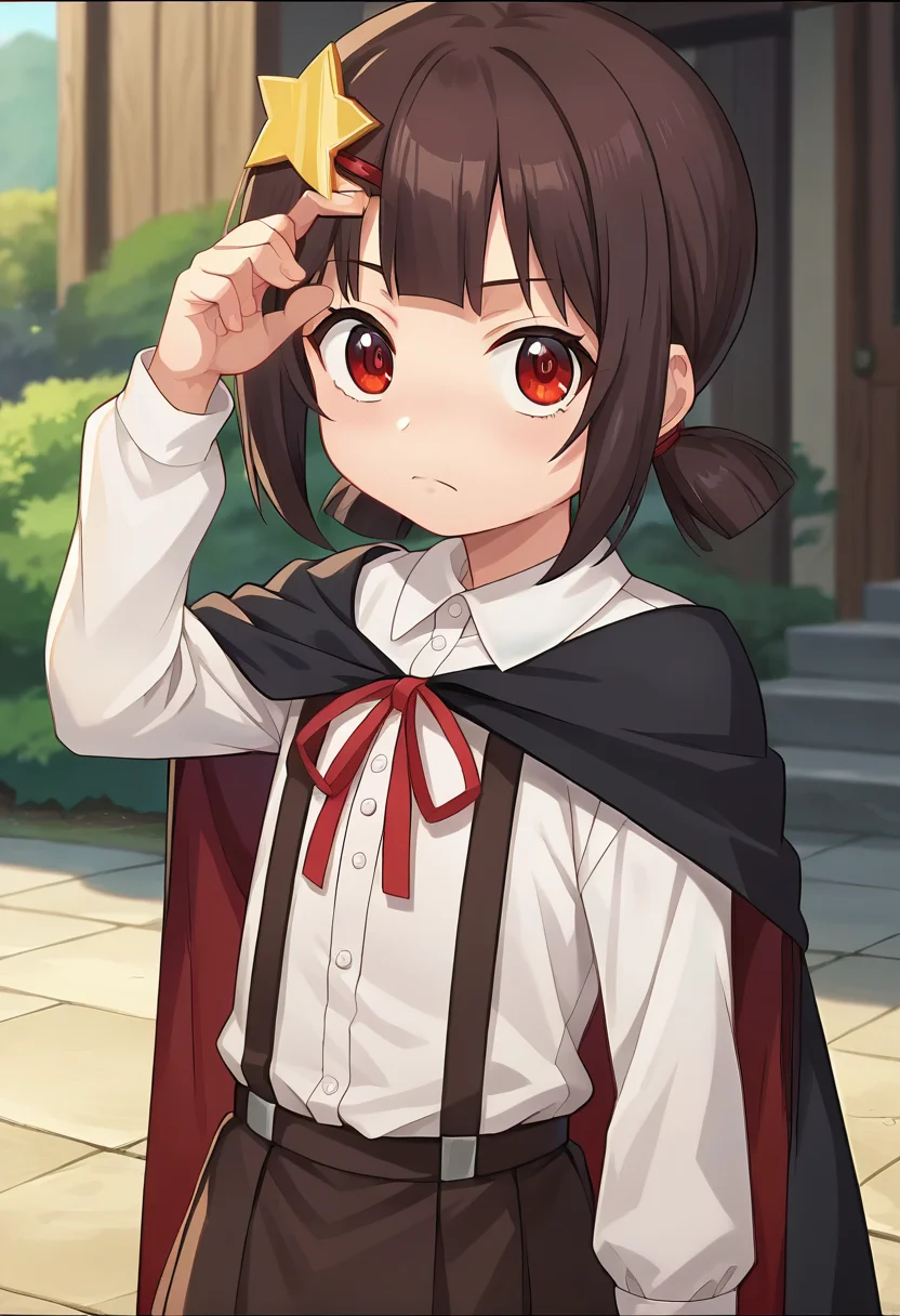 score_9, score_8_up, score_7_up, source_anime, masterpiece, 1girl, ctiankome, suspender skirt, dress shirt, cape, long sleeves, red ribbon, looking at viewer, <lora:komekkoPONYXLversion3:0.8>, anime coloring, cowboy shot, anime screencap