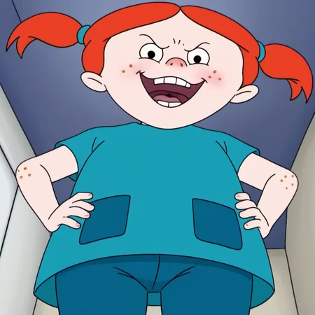 solo, 1girl, vvhh1, young child, orange hair, twintails, freckles, open smile, looking at viewer, aqua shirt, blue pants, blush, hands on hip, from below pov, official style, <lora:vvhh1:1>,
