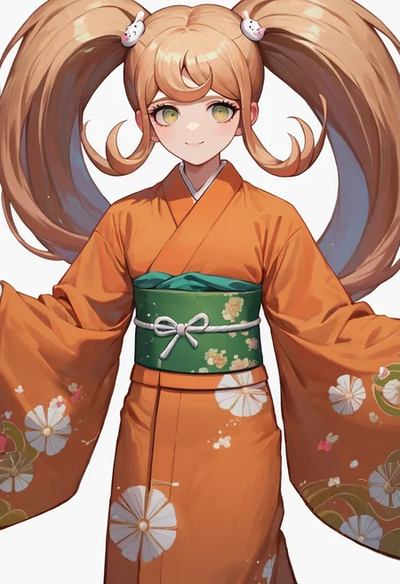 score_9, score_8_up, score_7_up, simple background, white background, light smile <lora:danganronpa_aio_1:1>
saionji hiyoko, twintails,
kimono, orange kimono