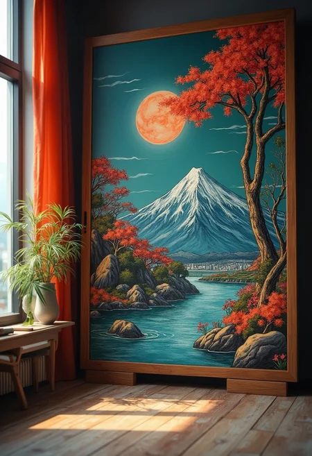 Low wide angle taking in the room, we see a colorful drawing of a traditional Japanese landscape in Aizome style, depicted in chalk on a chalkboard half drawn and half stepping out of the drawing with 3D pop, A scene in a hyper modern luxuries think tank creative room high up overlooking a city, in a art nouveau/art deco styles design, some part's of the sketches are popping out in 3D, on larg frames ther is art in Aizome style, ,Expressiveh,(best quality:1.1), (detailed), (highres, best quality:1.2) , cinematic lighting, black pro mist filter, Hollywood filter, film still cinematic photo breathtaking score_9, score_8_up, score_7_up, BREAK, 8k, masterpiece, high quality, highly detailed, detailed skin, depth of field, film grain, highly detailed, detailed skin, depth of field, film grain, <lora:CinematicStyle_v1:1> . award-winning, professional, highly detailed . 35mm photograph, film, bokeh, professional, 4k, highly detailed . shallow depth of field, vignette, highly detailed, high budget Hollywood movie, bokeh, cinemascope, moody, epic, gorgeous, film grain