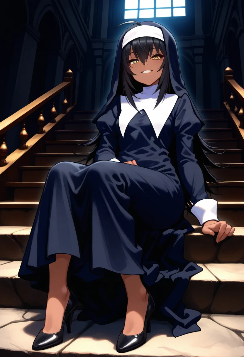 masterpiece, best quality, amazing quality, 1girl, solo, hatiww, dark skin, dark-skinned female, yellow eyes, black hair, long hair, hair between eyes, ahoge, small breasts, nun, traditional nun, habit, long dress, long sleeves, high heels, <lora:Hati_Mori_o_Mamoru_Ookami_Shoujo_ga_ill_v12:0.9>, from below, sitting, sitting on stairs, looking at viewer, smile, outdoors, stairs, skindentation, detailed clothing folds, depth of field, sharp, high contrast, dynamic light