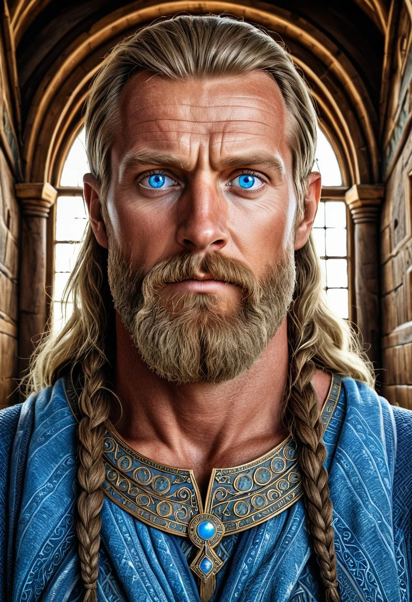 masterpiece, best quality, nordicbynature, man, god, blue eyes, ancient hall