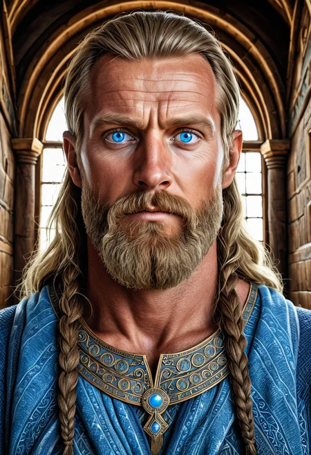 masterpiece, best quality, nordicbynature, man, god, blue eyes, ancient hall