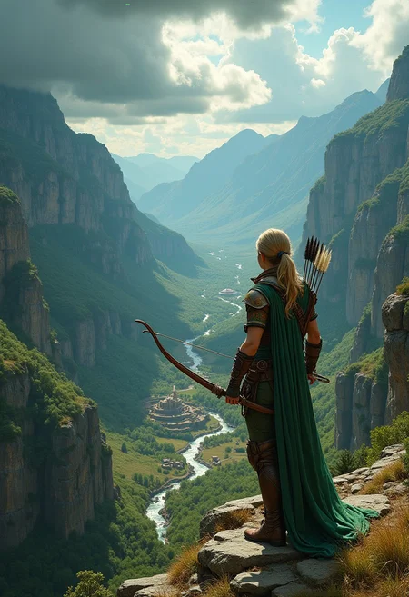 a seasoned female ranger standing on a rocky precipice overlooking a vast, sunlit valley dotted with ancient ruins and dense forests. Her leather armor, worn yet meticulously maintained, carries the scars of countless battles, and a flowing green cloak flutters behind her in the mountain breeze. Her eyes, sharp and wary, scan the horizon, catching the glint of an approaching danger. In her hands, she grips a bow carved from rare whitewood, its string taut and ready, while her quiver brims with arrows fletched with raven feathers. The distant roar of a waterfall mingles with the calls of unseen creatures, creating an atmosphere of both serenity and tension. Overhead, storm clouds gather, their deep grays contrasting with the vibrant emerald and gold tones of the landscape below. The weight of an unspoken prophecy hangs heavily in the air, as if the world itself waits for her next move.