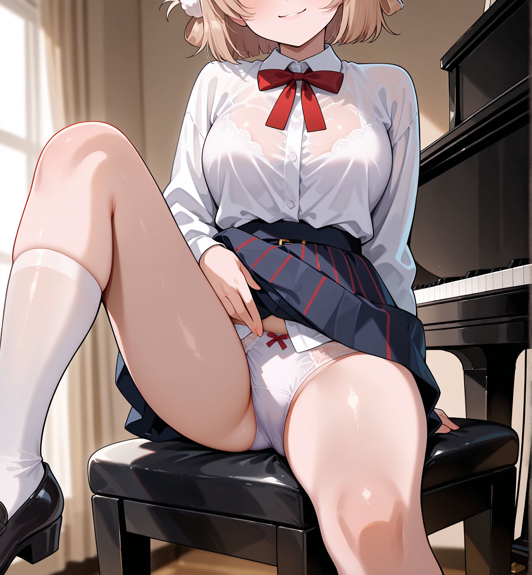 masterpiece, best quality, newest, absurdres, highres, detailed eyes, beautiful, detailed background, perfect eyes, anime coloring, anime screencap,
<lora:Erotic_Pianist:0.7> Erotic_ianistV1,
1girl,breasts,piano,instrument,
solo,(head out of frame:1.3),
large breasts,piano bench,
sitting, seductive smile, faceless female, 
panties,  lifting own clothes,  skirt lift, m leg,
BREAK   
shigure ui \(vtuber\),  milf,
 white dress,
fat man,faceless male,