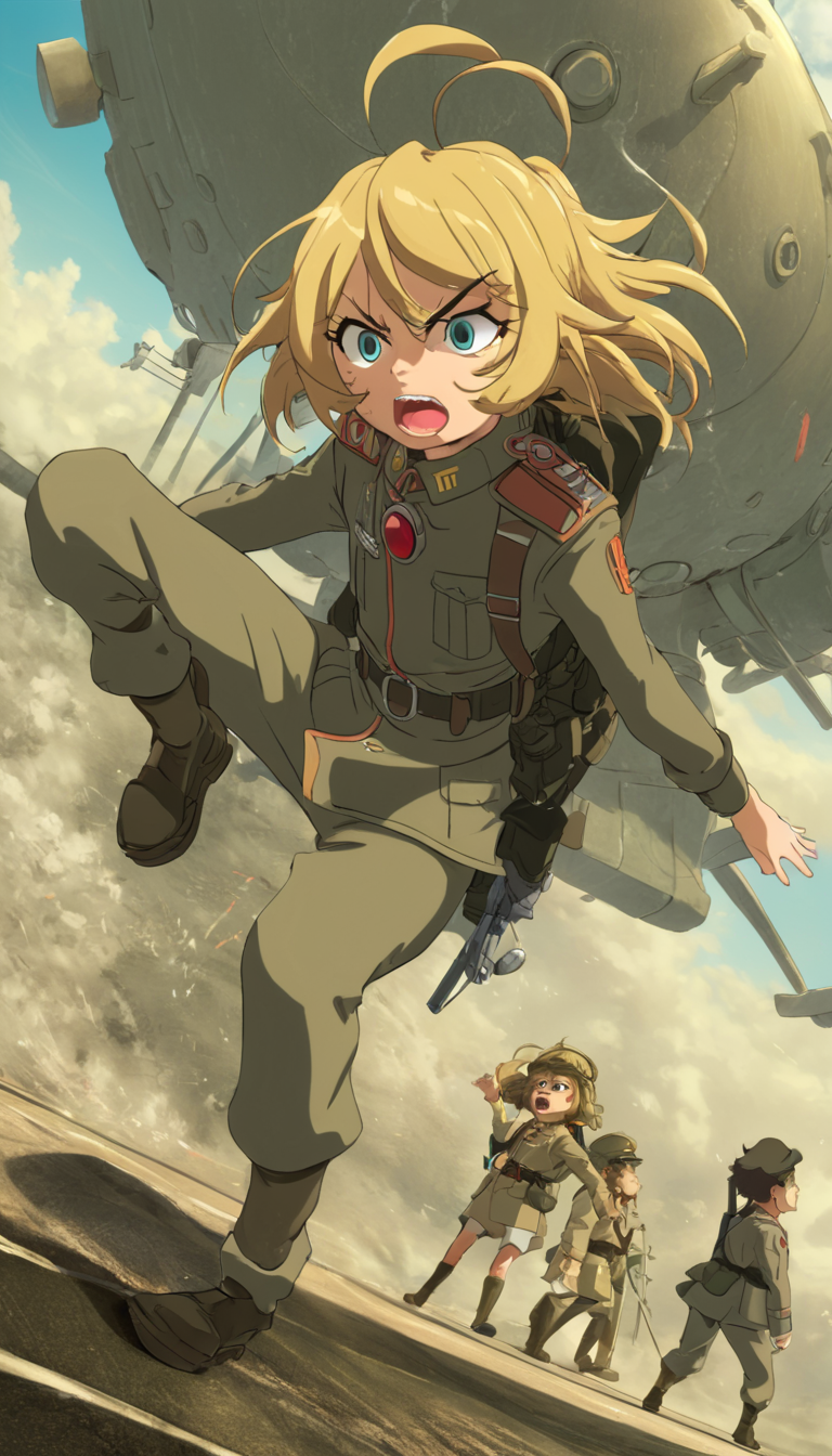 Cinematic scene, hero view, Tanya Degurechaff, Youjo Senki <lora:tanya_degurechaff_xl_v6:1>, action pose, detailed background, masterpiece, best quality, high quality, highres, absurdres, (Studio ghibli style, Art by Hayao Miyazaki:1.2), Anime Style, Manga Style, Hand drawn, cinematic, Sharp focus, humorous illustration, big depth of field, Masterpiece, concept art, trending on artstation, Vivid colors, Simplified style, trending on ArtStation, trending on CGSociety, Intricate, Vibrant colors, Soft Shading, Simplistic Features, Sharp Angles, Playful