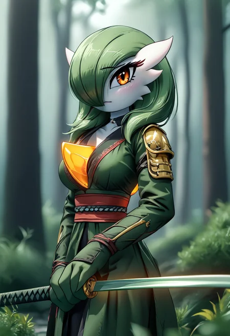 (((gardevoir))), female, anthro, masterpiece, ultimate detailed, tiny finnest details,
rilex lenov artstyle, Fierce japanese gardevoir warrior is holding a reflective shiny (sword:1.3) in front of her, (the light is reflected in the katana blade:1.6),, looking at viewer, close-up,