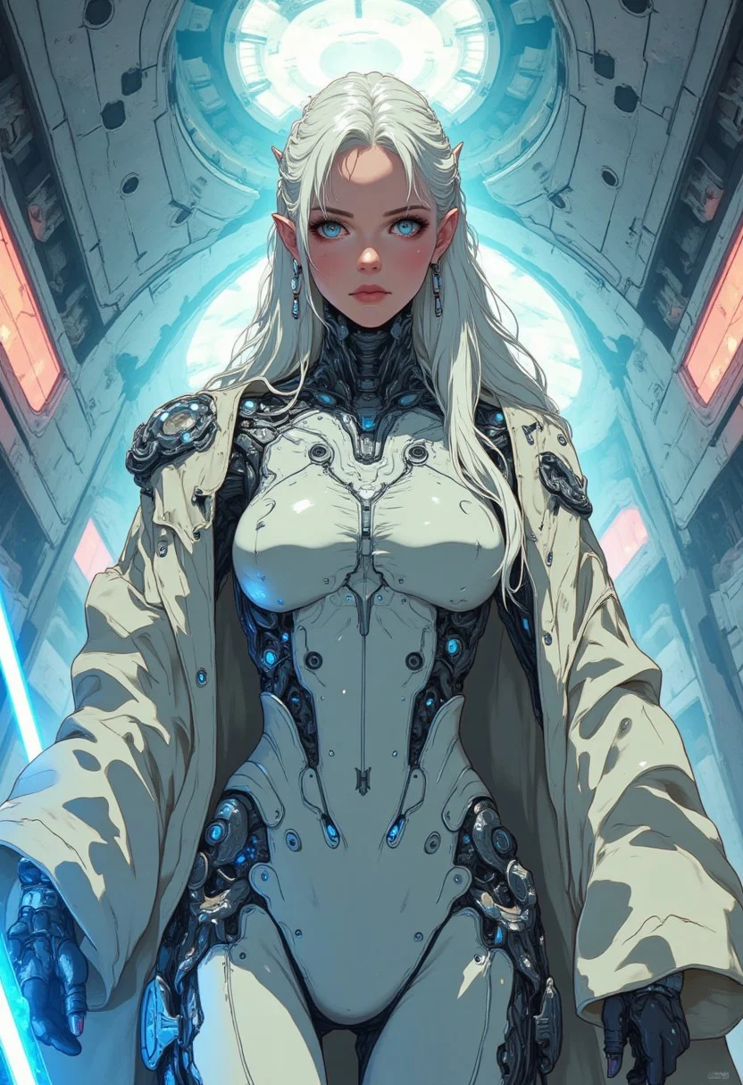 A stunning, curvaceous elf beauty stands majestically in front of high tech spaceship corridor, her luscious locks are styled in an exquisite braid that cascades down her back like a white veil tucked behind her pointed ears. Elegant bangs go down both sides of her face. She has a soft encouraging smile. The soft, ambient lighting accentuates the delicate features of her perfect face and the contours of her toned physique, while vibrant colors and intricate details bring the scenery to life. Her face is flawless and clean with no markings or tattoos. Her formfitting exosuit is gray and off-white with glowing blue accents and fits her perfect body tightly. She has a billowy Jedi robe draped across her shoulders. She holds one brightly glowing blue lightsaber in her perfect left hand. Dynamic pose
anime_martz, anime_source, DB4RZ, DB4RZ style painting, anime, cyberpunk
