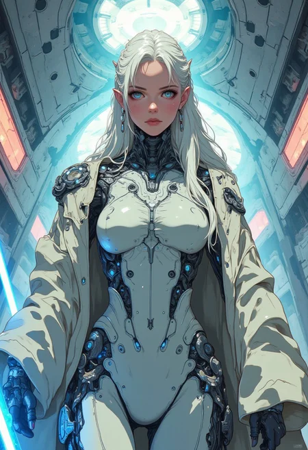A stunning, curvaceous elf beauty stands majestically in front of high tech spaceship corridor, her luscious locks are styled in an exquisite braid that cascades down her back like a white veil tucked behind her pointed ears. Elegant bangs go down both sides of her face. She has a soft encouraging smile. The soft, ambient lighting accentuates the delicate features of her perfect face and the contours of her toned physique, while vibrant colors and intricate details bring the scenery to life. Her face is flawless and clean with no markings or tattoos. Her formfitting exosuit is gray and off-white with glowing blue accents and fits her perfect body tightly. She has a billowy Jedi robe draped across her shoulders. She holds one brightly glowing blue lightsaber in her perfect left hand. Dynamic pose
anime_martz, anime_source, DB4RZ, DB4RZ style painting, anime, cyberpunk