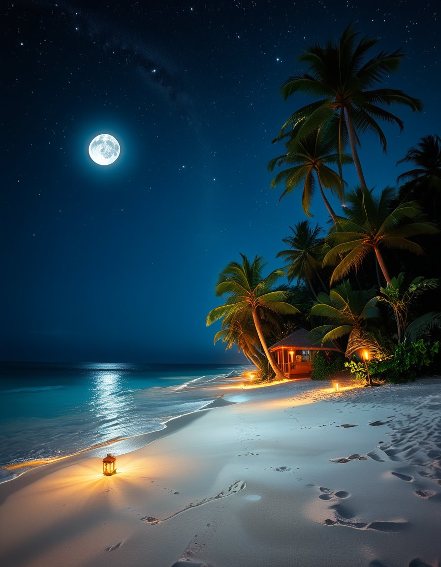 A breathtaking tropical beach at night, illuminated by the soft glow of the moon and twinkling stars. The ocean waves gently lap against the shore, reflecting silver moonlight. Tall palm trees sway slightly in the warm night breeze, their silhouettes contrasting against the deep blue sky. The sand appears smooth and slightly damp, glowing under the moonlight. In the background, distant islands are faintly visible on the horizon, their outlines softened by a light mist. The sky is filled with a mesmerizing display of stars, with the Milky Way faintly visible. The atmosphere is tranquil and serene, evoking a sense of peace and wonder. The image has a high level of detail, realistic textures, and a dreamy cinematic quality.
<lora:SDXLFaeTastic2400:0.4> <lora:extremely_detailed:0.4> extremely detailed,  <lora:tropical_beach_4t_n1ght:1>,tropical beach 4t n1ght, Masterpiece,best quality,hi res,8k,hi res,8k,award winning,(sharp focus, intricate, highly detailed),
