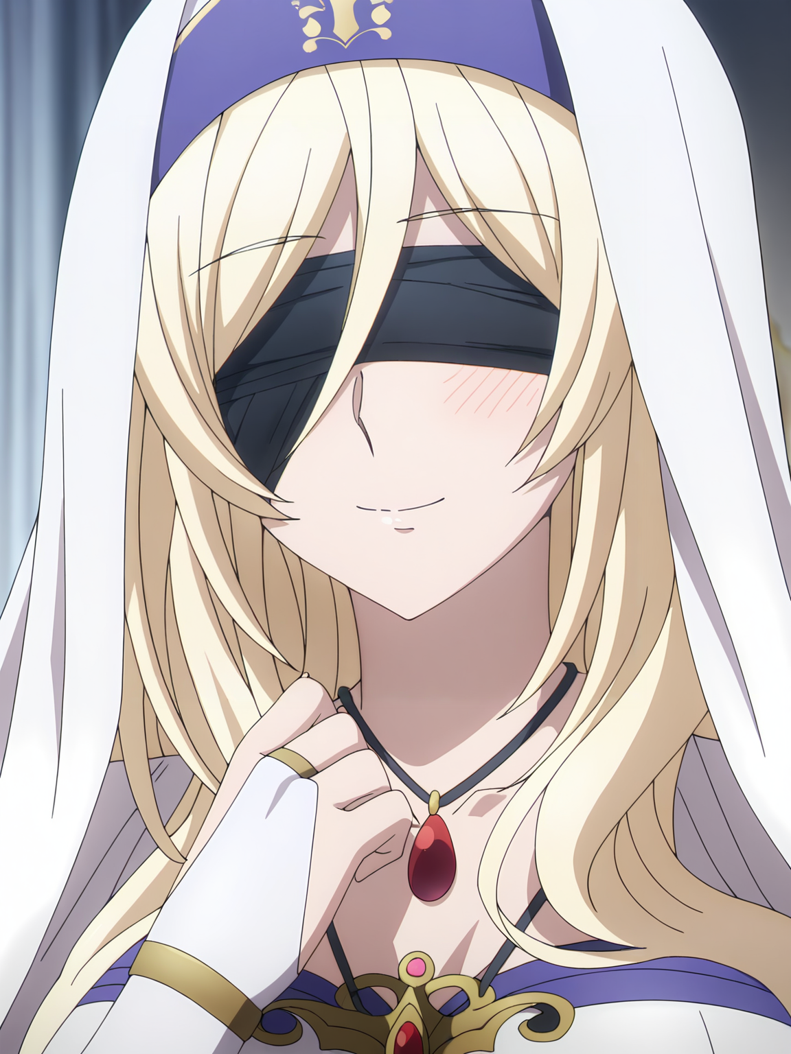 <lora:Sword_Maiden_v2:0.8>sword_maiden, 1girl, solo, very long blonde hair, black blindfold, white and blue veil headdress, red pendant, gold pendant, long white side slit dress, long white drape, cleavage cutout, white armwear, gold accessories, smile, content, blush, raised hand, portrait, indoors, grey wall, white curtains, blurry background
