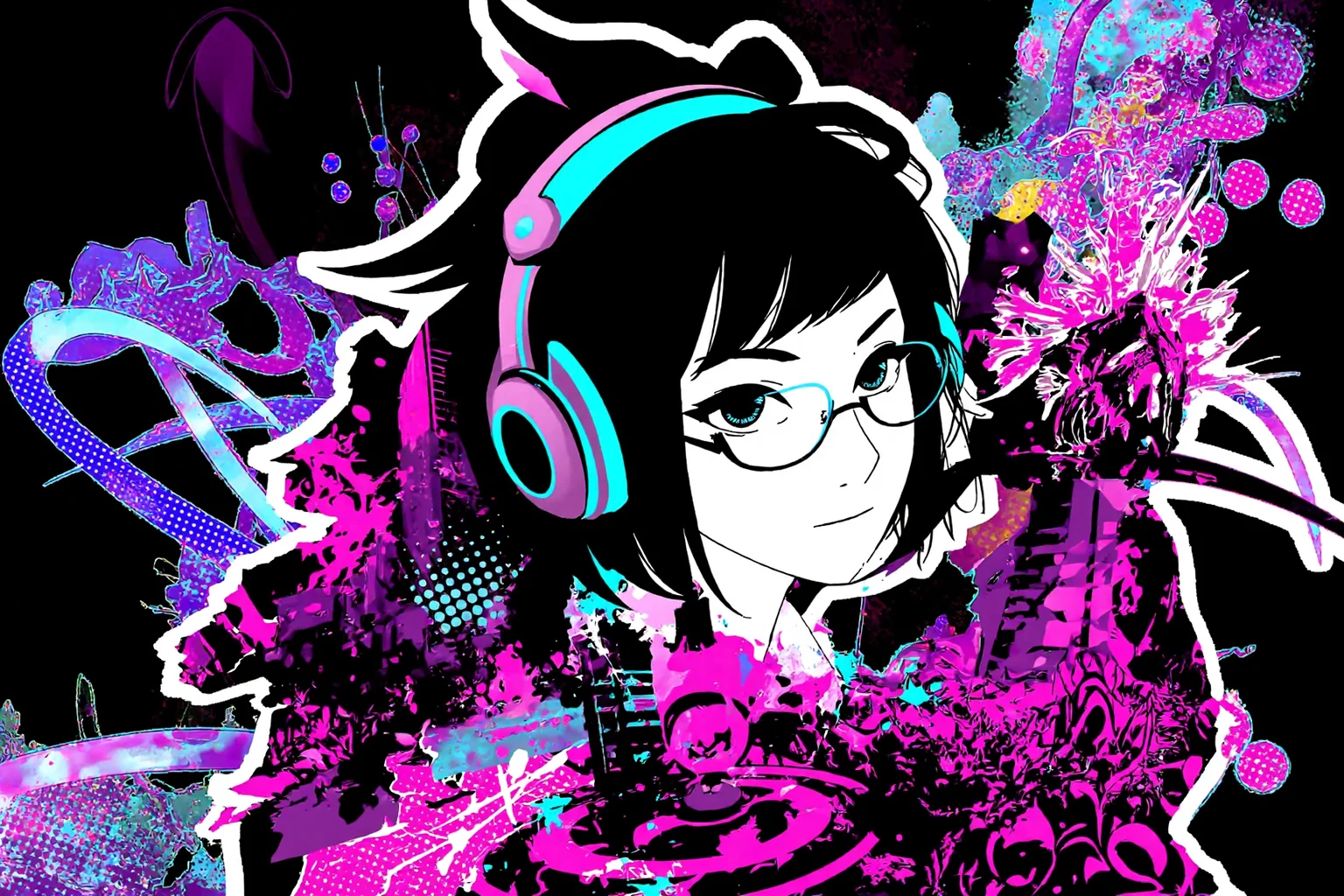 girl with edgy 2000s haircut, thin wireframe glasses, purple and cyan headphones, dancing mid-motion, set against a solid black background with bold white sticker-style outline framing the entire artwork, surrounded by grungy urban elements—abstract buildings, ink splashes, halftone dots, swirling arrows, glowing rings, vector soundwaves and starbursts—color palette focused on violet, purple, cyan, and white, tightly layered with high-contrast lighting, sharp edges and smooth curves interwoven, composition flows diagonally with energetic Frutiger Metro / Y2K vector art vibe.