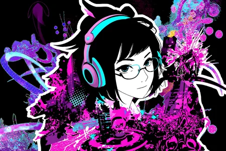 girl with edgy 2000s haircut, thin wireframe glasses, purple and cyan headphones, dancing mid-motion, set against a solid black background with bold white sticker-style outline framing the entire artwork, surrounded by grungy urban elements—abstract buildings, ink splashes, halftone dots, swirling arrows, glowing rings, vector soundwaves and starbursts—color palette focused on violet, purple, cyan, and white, tightly layered with high-contrast lighting, sharp edges and smooth curves interwoven, composition flows diagonally with energetic Frutiger Metro / Y2K vector art vibe.