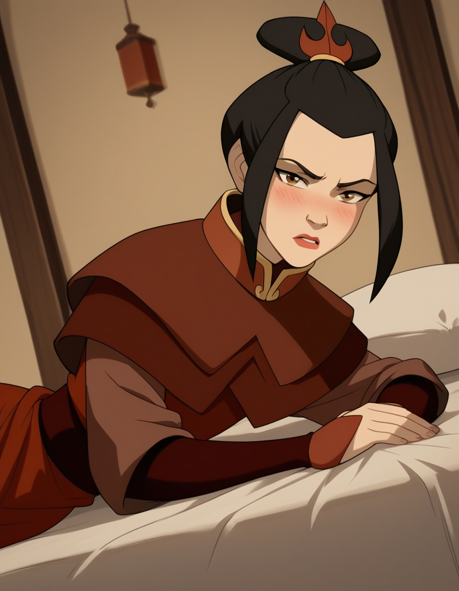 score_9, score_8_up, score_7_up, source_anime, <lora:azula-book2-ponyxl-lora-nochekaiser:1>, azula, black hair, brown eyes, topknot, sidelocks, hair bun, single hair bun, chinese clothes, capelet, sash, long sleeves, elbow gloves, , indoors, bed, bed room, on side, blush, drunk, looking at viewer, solo, cowboy shot, dutch angle