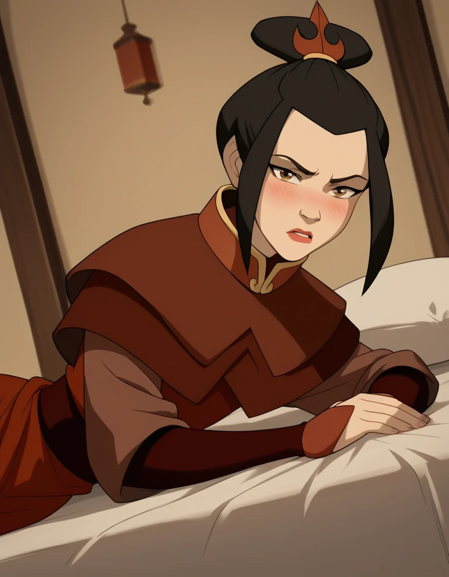 score_9, score_8_up, score_7_up, source_anime, <lora:azula-book2-ponyxl-lora-nochekaiser:1>, azula, black hair, brown eyes, topknot, sidelocks, hair bun, single hair bun, chinese clothes, capelet, sash, long sleeves, elbow gloves, , indoors, bed, bed room, on side, blush, drunk, looking at viewer, solo, cowboy shot, dutch angle