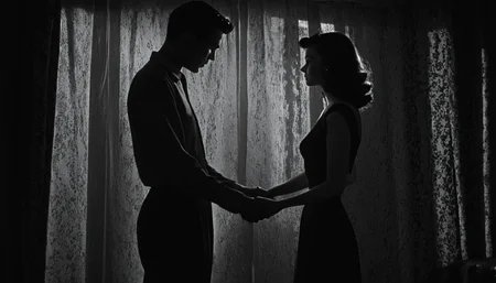 <lora:50s_Noir_Movie-000005:1> ArsMovieStill, 50s Noir Movie Still, The image is a black and white photograph of a man and a woman standing in a dimly lit room. The man is on the left side of the image facing the woman on the right side. They are holding hands and appear to be in a romantic embrace. The room has a window with curtains a lamp and a table with various items on it. The sunlight is shining through the window creating a soft glow on the scene. The image is taken from a low angle making the couple stand out against the dark background.