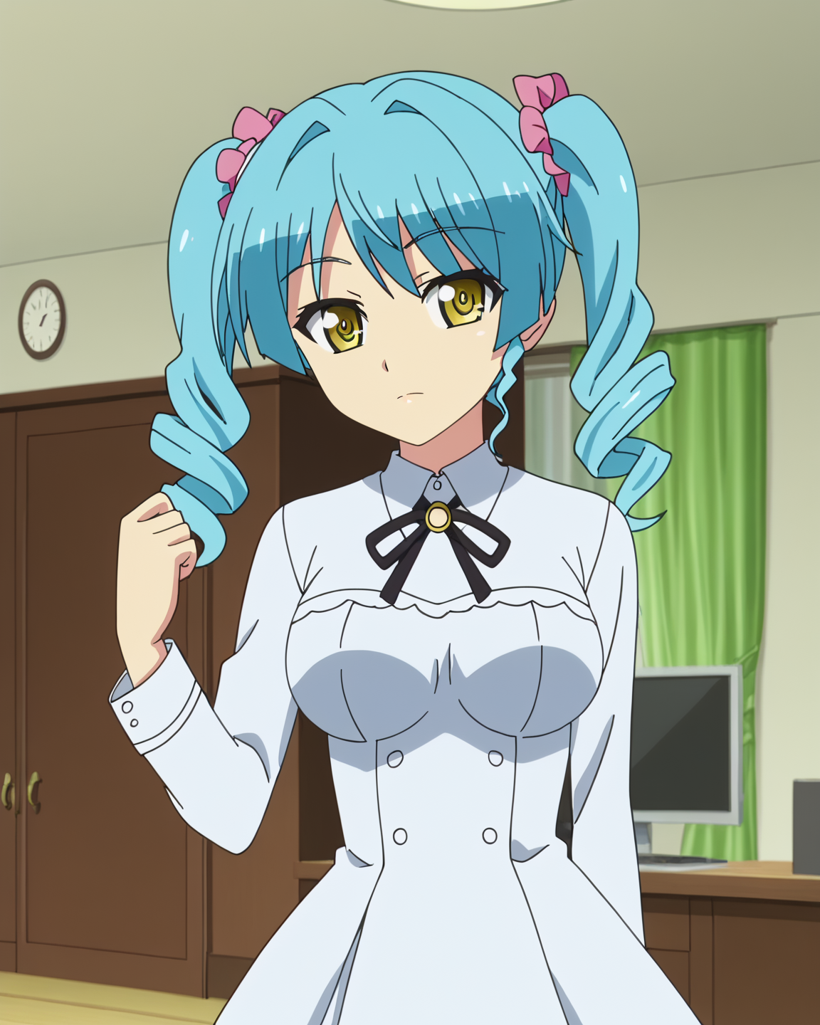 1girl,solo,anime screencap,
<lora:YukiNonaka_16XL:0.8> yuki_nonaka, blue hair,  yellow eyes, breasts, 
(twintails:1.5,curly:1.2),