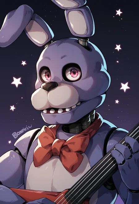 score_9, score_8_up, score_7_up, score_6_up, solo, dynamic pose, low angle, side view, (bonnie, animatronic), pink eyes, rabbit, fnaf, red bow tie, full body, holding instrument, guitar, cover, looking at viewer, purple background, bright background, detailed, detailed face, correct, light particles, stars, close mouth <lora:Bonnie-v1:0.92>