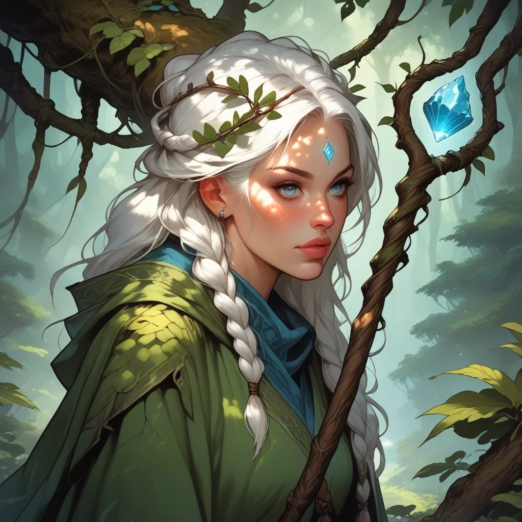 score_9, score_8_up, score_7_up, score_6_up, 1girl (,1girl,animal hands a misty forest, long white hair with intricate braids and leaves woven in, , subtle blue rune on forehead, wearing earthy green and brown robes made of natural materials, leather accents and bark-like armor pieces, flowing cloak of woven vines and leaves, holding a gnarled wooden staff topped with a glowing blue crystal, wisps of natural magic swirling around, forest animals nearby, dappled sunlight through trees, atmospheric, cinematic, 8k resolution,FeliciaSDXL