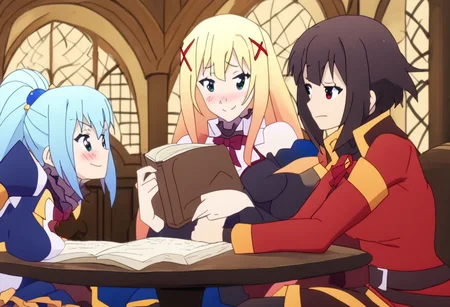 anime artwork Masterpiece, high quality, score_9, score_8_up, score_7_up, (ultra realistic, 32k, masterpiece:1.2), (high detailed skin:1.1), (high quality:1.1),(((3girls))), ((sitting around one table, indoors)), japanese room, table, dim lighting, looking at another,  
BREAK
 smile face, holding whipp, looking to the side, <lora:lalatina-dustiness-ford-s2-ponyxl-lora-nochekaiser:0.8>darkness \(konosuba\), long hair, green eyes, blonde hair, hair ornament, ponytail, braid, x hair ornament,
BREAK serious, sad, holding book, 
<lora:konosuba-megumin-s2-ponyxl-lora-nochekaiser:0.8>
megumin, short hair, black hair, red eyes, short hair with long locks,
BREAK  smug, holding beer, looking to the side,  <lora:Aqua_Pony-10:1> Aqua_(Konosuba), blue eyes, blue footwear, blue hair, blue thighhighs, blush, boots, breasts, bubble, detached sleeves, hair ornament, hair rings, leg up, long hair,  medium breasts, open hand, single hair ring, skirt, holding a beer, beer, sitting on chair,pant less,