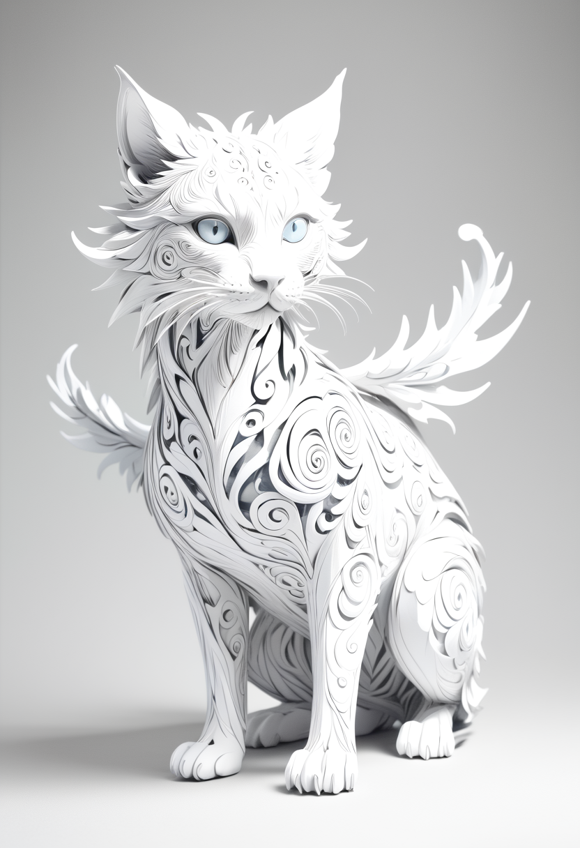 monoprone, A meticulously crafted paper-cut sculpture of a feline creature. The creature is intricately designed with swirling patterns and leaf-like motifs, rendered in a monochromatic palette of white and gray. The feline appears to be in a poised stance, with its head turned slightly to the side, showcasing its profile. The sculpture is set against a muted, gradient background that fades from a deep blue at the top to a lighter shade at the bottom, creating a sense of depth and atmosphere. The overall style of the image is surreal and dreamlike, with a focus on the beauty and intricacy of the sculpture., solo, looking at viewer, simple background, closed mouth, sitting, tail, full body, monochrome, flower, outdoors, wings, signature, grey background, from side, tree, gradient background, no humans, profile, animal, leaf, plant, nature, snow, monster, blue theme, dragon, realistic, branch, fantasy, animal focus, creature, giant, wolf, fog, grey theme