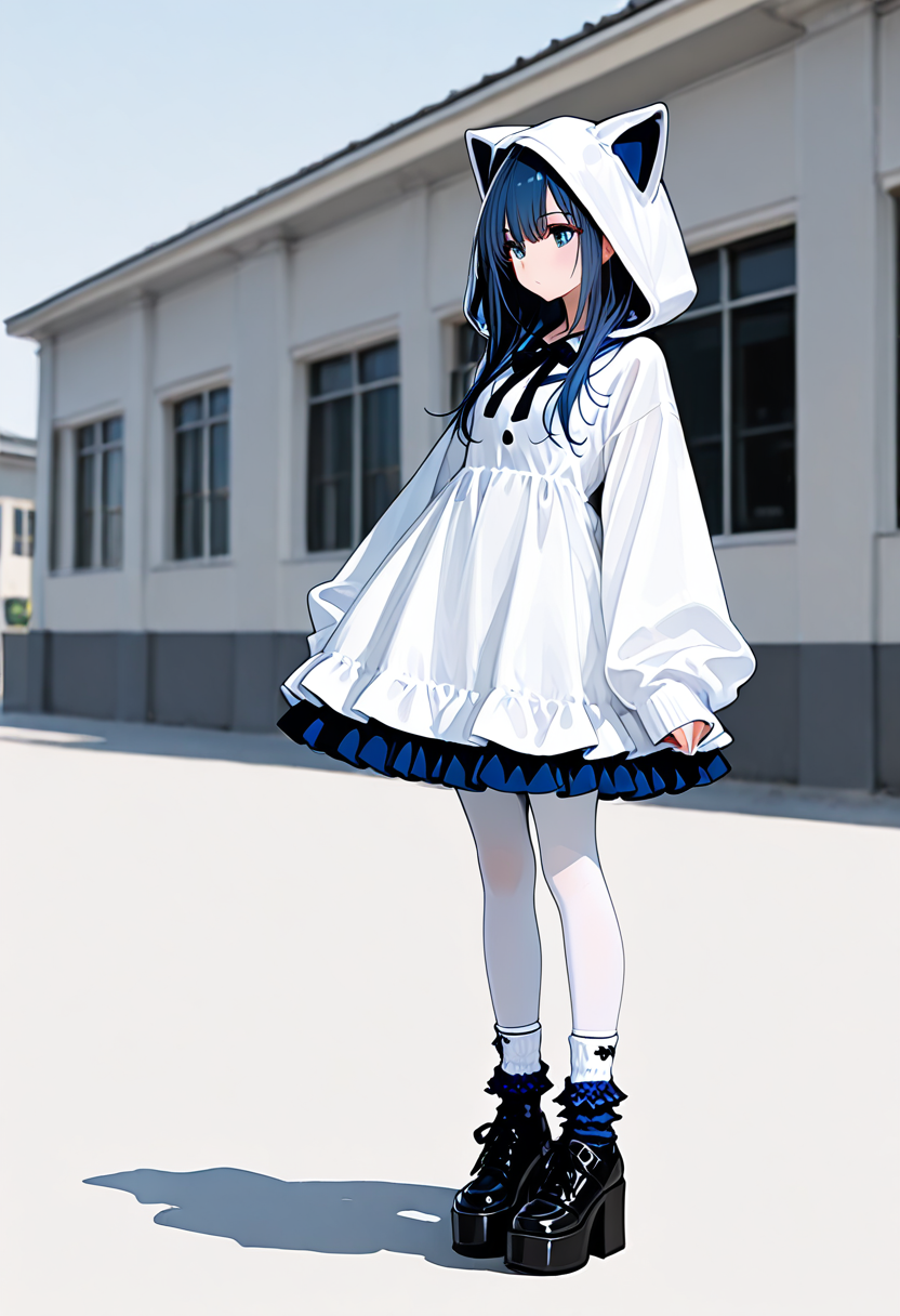 masterpiece, ultra-HD, very aesthetic, 8K, high detail, depth of field, score_9, score_8_up, 
BREAK
1girl, solo, bustle skirt, white dress, sleeves past wrists, white Hood, white pantyhose, dark blue frilly socks, oversize high platform shoes, 
BREAK
treet, windows, 
BREAK
<lora:Cat_hood_One-piece_setã­ãã¿ã¿ãã¼ãã¯ã³ã:1>,