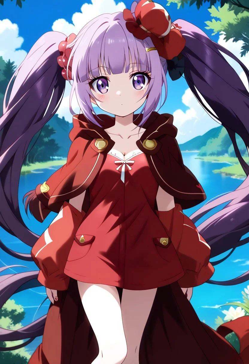 score_9, score_8_up, score_7_up, score_6_up, score_5_up, score_4_up, masterpiece, anime coloring, rating_safe, anime style, <lora:SKNL_Style_XL:0.7> sknl style,
BREAK source_anime, anime, best quality, masterpiece, rating_safe, uncensored, High quality, 8k, Ultra,
<lora:AfrobullPDXLresize:0.8> afrobullstyle,
BREAK 1girl, sophiefuture, purple hair, purple eyes, very long hair, blunt bangs, sidelocks, twintails,
dr3ss, red dress, long dress, capelet, hood, form-fitting, collarbone, cleavage,
minimalist fashion,
BREAK (cowboy shot), (standing on one leg), (from front),
(small breasts:1.2),looking at viewer,
BREAK (Forest, lake, sunny weather,sky,daytime),