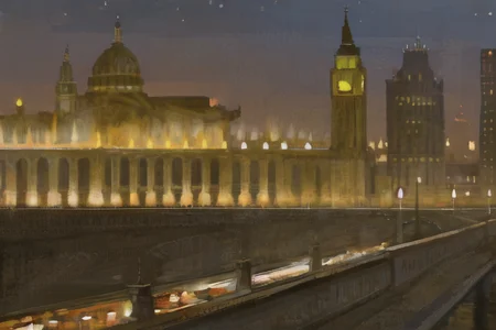 a painting of a city at night with a distant building in the background and a distant building in the foreground