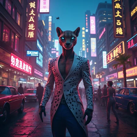 <lora:Green_cuties-000004.safetensors:1> A grainy, poorly lit image captures
In the heart of a sprawling cyberpunk metropolis, a neon-lit street buzzes with life. Anthropic forms and high-tech elements blend seamlessly, creating a surreal and vibrant atmosphere. At the center of this scene stands a muscular, anthropomorphic cheetah, its sleek spots standing out against the glowing backdrop. The cheetah, with piercing blue eyes that seem to cut through the neon haze, is dressed in a sharp white, spotted dress shirt and sleek blue pants, exuding a confident air.
The street is a kaleidoscope of colors, with holographic advertisements floating above the bustling crowd. Neon signs in various languages adorn the buildings, casting an otherworldly glow over the scene. One sign reads "Dong Jian" in bold, glowing letters, while another advertises "Mongolia" in a vibrant, futuristic script. Palm trees lined with LED lights and vintage cars modified with cutting-edge tech add to the retro-futuristic charm.
Flying drones zip through the air, delivering messages and goods, while cybernetically enhanced individuals move with purpose through the crowd. The atmosphere is electric, a perfect blend of urban culture and advanced technology. The cheetah stands tall, a symbol of strength and sophistication in this high-tech world, where the boundaries between nature and technology blur into a dazzling, modern reality.