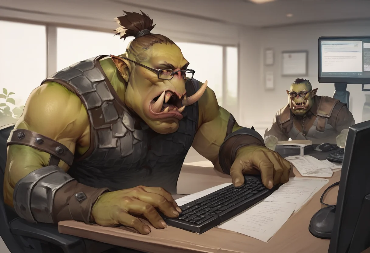 score_9, score_8_up, score_7_up,
OrcBoyz, green skin, tusks, topknot, armor,
inside of an office, typing on a keyboard, wearing glasses, in front of a computer,
<lora:Orc_Boyz_PonyXL:0.9>
