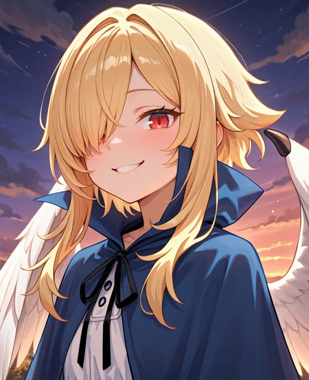 masterpiece, very aesthetic, absurdres, best quality, amazing quality, high resolution, <lora:illustrious_quality_modifiers_masterpieces_v1:0.8> , <lora:ChamIllustriousBackgroundEnhancer:0.5>, solo, <lora:No._367IL:0.8> , thrdef, 1girl, blonde hair, long hair, medium hair with long locks, hair over one eye, red eyes, wings, white wings, feathered wings, dress, white dress, short dress, blue cloak, popped collar, neck ribbon, black ribbon, ((face, portrait)), exterior, clouds, night, evil grin, looking at viewer, smile,