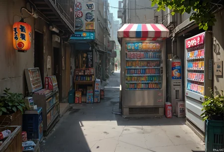 score_9,score_8_up,score_7_up,8k,,ruanyi0727,outdoors,alley,vending machine,lantern,storefront,<lora:0727 japanese street_v1_pony:1>