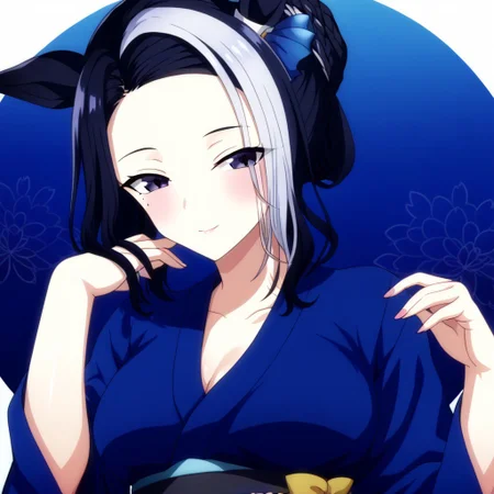 detailed background,  shiny skin, posing, rating safe,
rmnsd, horse girl, multicolored hair, streaked hair, ear ornament, mole under eye saimin.il,
saimin, tsubaki,  
clothed girl, kimono, 18 years old ,women,solo,1girl