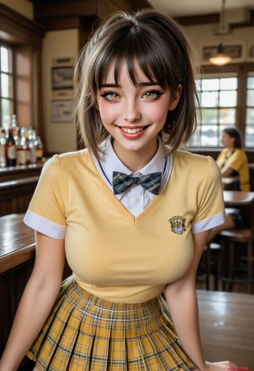 busty 24yo 3V3L7N drink in pub, wearing <bowtie, yellow school uniform, short sleeves, pleated skirt, plaid skirt>