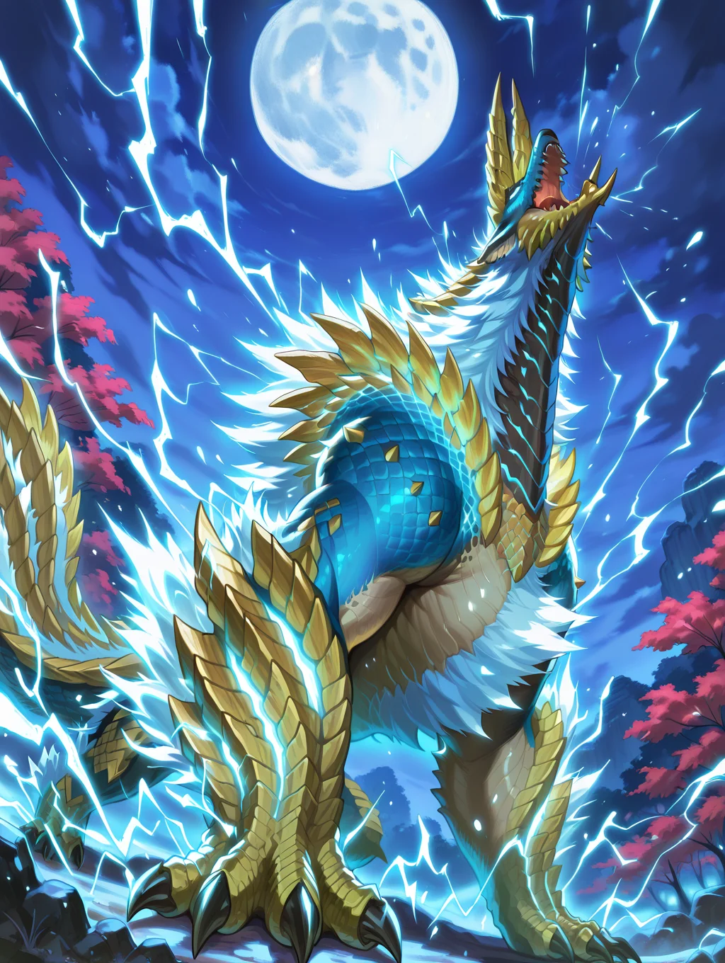 no humans, electricity, full moon, outdoors, night sky, open mouth, lightning, solo, sharp teeth, cloudy sky, 1other, zinogre, cyan dragon, looking up, barking,
masterpiece,best quality,amazing quality,very aesthetic,absurdres,newest,<lora:Zinogre Armor illuXL v1.4:0.85>,red tree,moon,nature,night,