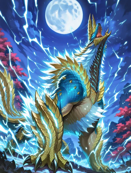 no humans, electricity, full moon, outdoors, night sky, open mouth, lightning, solo, sharp teeth, cloudy sky, 1other, zinogre, cyan dragon, looking up, barking,
masterpiece,best quality,amazing quality,very aesthetic,absurdres,newest,<lora:Zinogre Armor illuXL v1.4:0.85>,red tree,moon,nature,night,