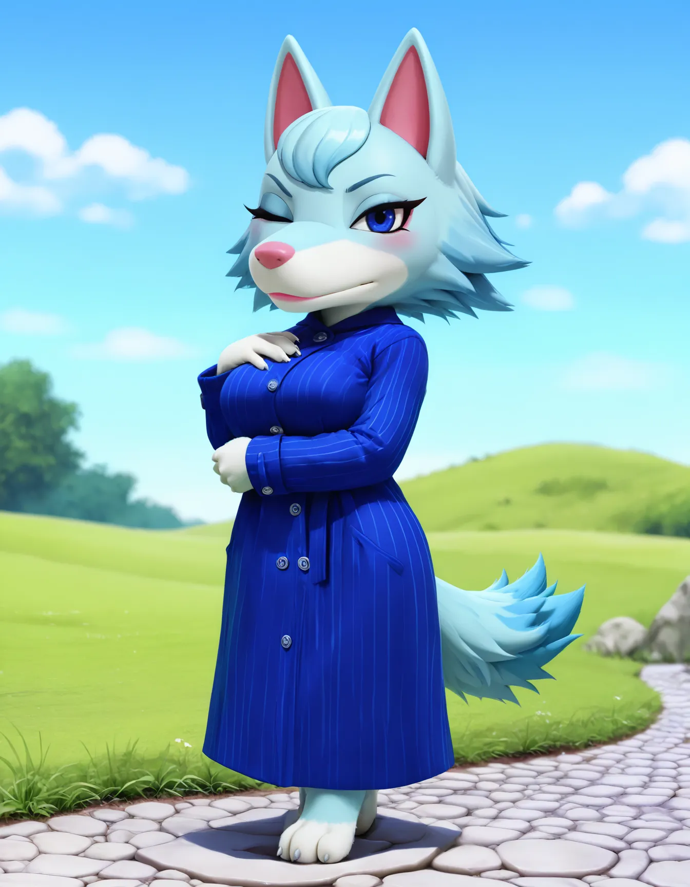 whitneyc, wolf, light blue fur, blue tail, 1girl, female, solo, blue eyes, pink nose, short snout, large breasts, from front, wink, bedroom eyes, annoyed, blush, teasing, countershading, posing, hand on chest, facing side, looking at viewer, outdoors, stone path, grass, sky, blurry background, simple background, seductive, mouth closed, pink lip, tail, full body, blue overcoat, buttons, vertical stripes, pinstripe_pattern
<lora:Whitney_v2Noob3s96:1> <lora:noobai_ep11_stabilizer_v0.138_fp16:0.8>