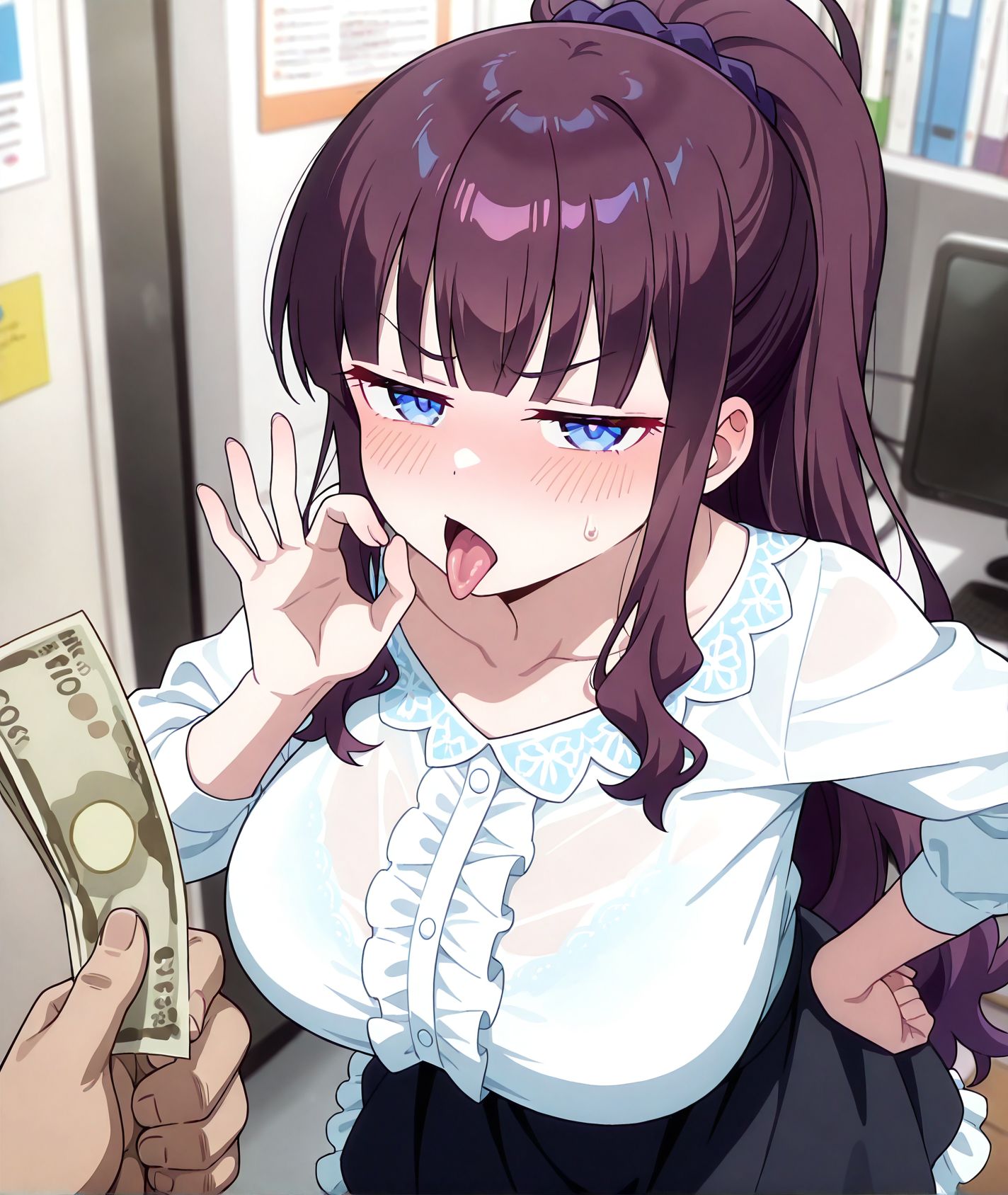 masterpiece, best quality, newest, absurdres, highres, detailed eyes, beautiful, detailed background, perfect eyes, anime coloring, anime screencap,<lora:add-detail-xl:0.5>
<lora:Glaring_expression:0.2>Glaring_expressionV1, 
1girl, pov hands, holding money, giving money, tongue out, 
glaring expression,blush, thumbs up, naughty face, 
Scowling face,	disgust,sweat, sweatdrop, half-closed eyes, 
sexually suggestive, fellatio gesture, hand on own hip, 
 fatman, ugly man, 
20YO, 
white shirt, black skirt, frilled dress, 
<lora:Hifumi_TAKIMOTO滝本_ひふみNew_Game:0.8> dark plum hair,
indoors,office, Hifumi TAKIMOTO,very long_ponytail, shushu,blue_eyes, huge_breasts,