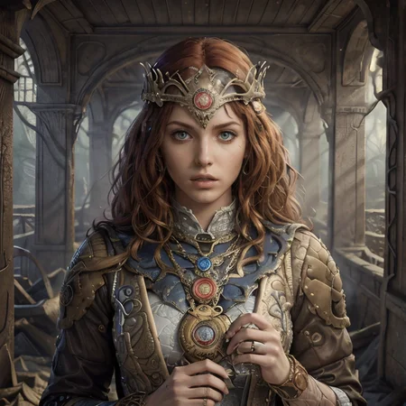 RAW photo, (masterpiece:1.3), subsurface scattering, heavy shadow, (high quality:1.4), (intricate, high detail:1.2), professional photography, HDR, High Dynamic Range, realistic, ultra realistic, photorealistic, high resolution, film photography, ambient lighting, atmospheric effects, <lora:detail_slider_v4:2>, OverallDetail, epic medieval fantasy, a mercenary with auburn short and curly hair, circlet, fanhe, <lora:FantasyHeaddress:0.6>, medallion, leather wristband, cape, in the morning, <lora:zoom_slider_v1:-1.5>, <lora:cleavage:-1>, in the style of Michael Whelan, mwhelan, <lora:mwhelan:1>, epiCPhoto