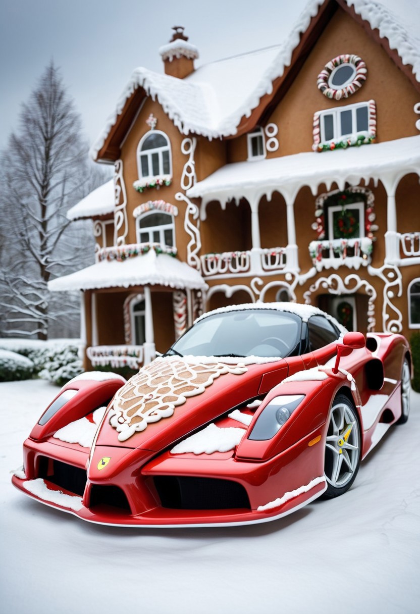 Ferrari ENZO,winter ,in front of house.Christmas<lora:GingerbreadStyle_epoch_10:0.7>