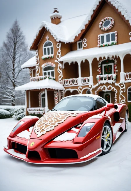 Ferrari ENZO,winter ,in front of house.Christmas<lora:GingerbreadStyle_epoch_10:0.7>