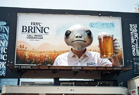 score_9, score_8_up, score_7_up, text title "Drink Barf" on billboard, large head, afternoon, beer mug,, white button shirt, upper body, albinauric_mask, <lora:ryth-albinauric-mask:1>, wide billboard, advertisement,