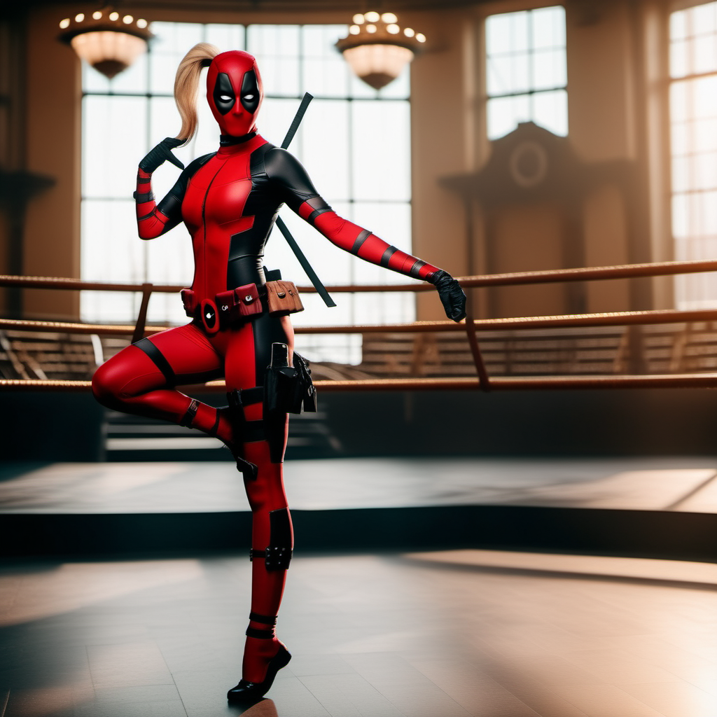 cinematic photo full body portrait lady deadpool, blond hair, ponytail, mask, body suit, ballet dancing in an opera<lora:LDP1024:0.8> . 35mm photograph, film, bokeh, professional, 4k, highly detailed